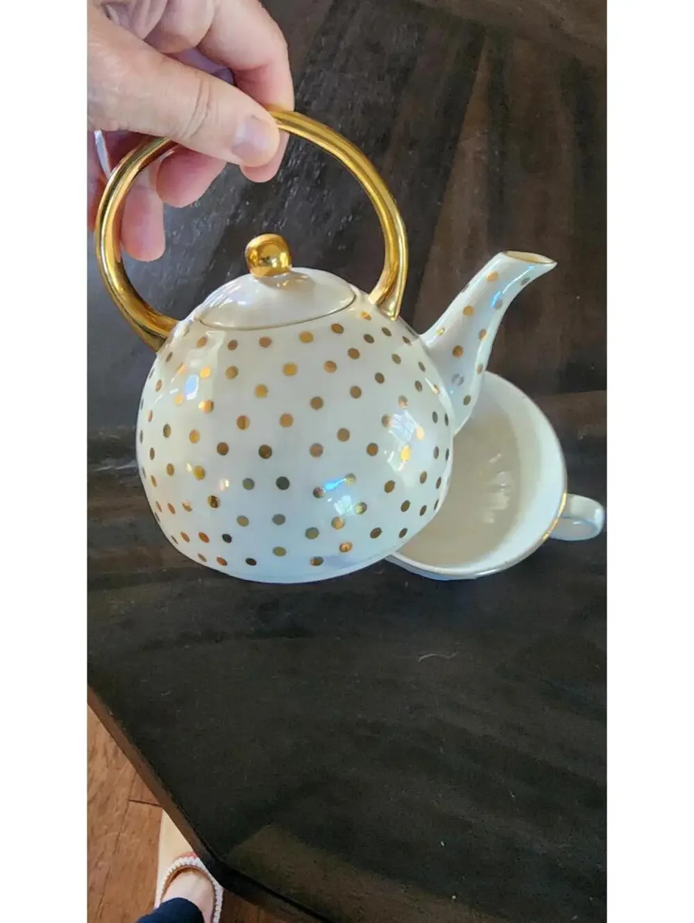 Anthropologie Sweet Sentiment Gold Dot Stacking Teapot & Cup Set Flawless
